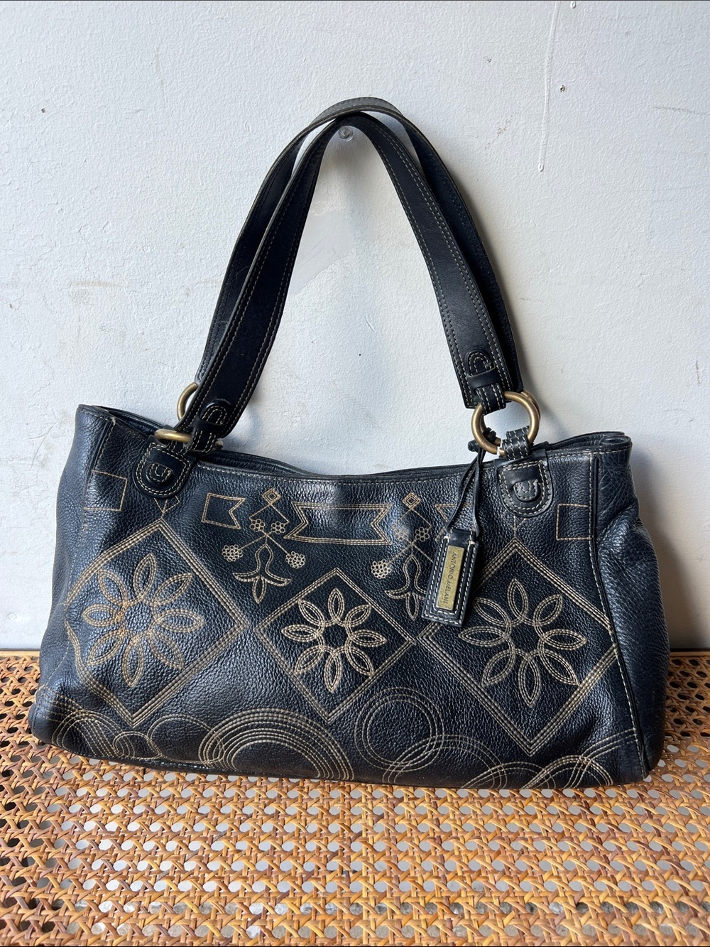 Antonio Melani Embroidered Black Leather Shoulder Bag